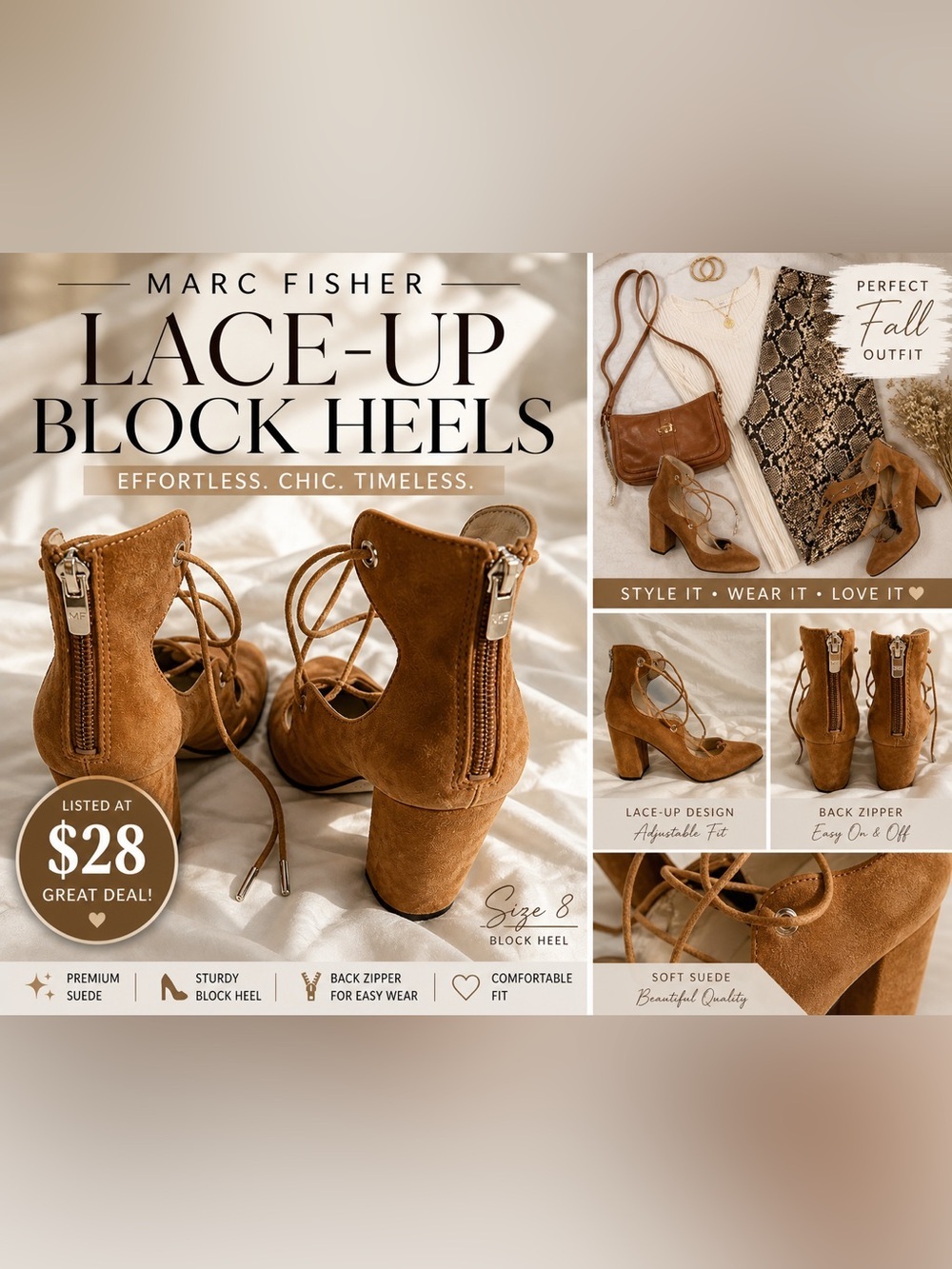 Marc Fisher Tan Lace-Up Block Heel Pumps Size 8 | Fall Neutral Heels